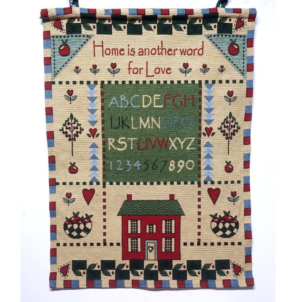 Vtg Wall Hanging Tapestry House Home school Scene 26.5"x37" Elk Grove Village